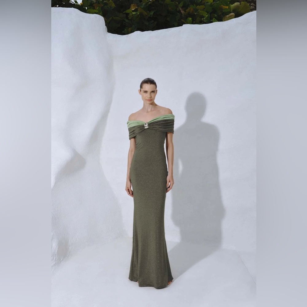 Baobab Collection Olive Green Off-Shoulder Maxi Dress with Light Green Trim